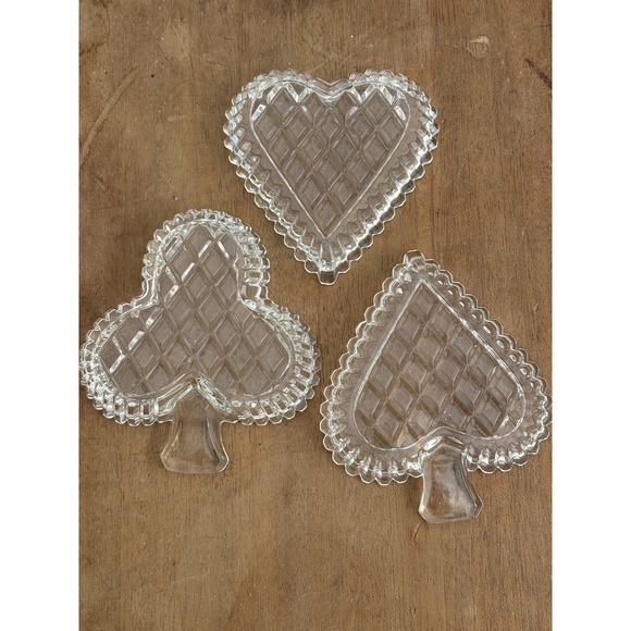 Set Of 3 Poker Bridge Card‎ Suit Crystal Glass Ashtrays Clear Spade Heart Club - Picture 5 of 10